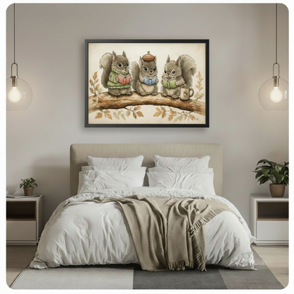 Reading Squirrels Cottagecore Canvas Wall Art