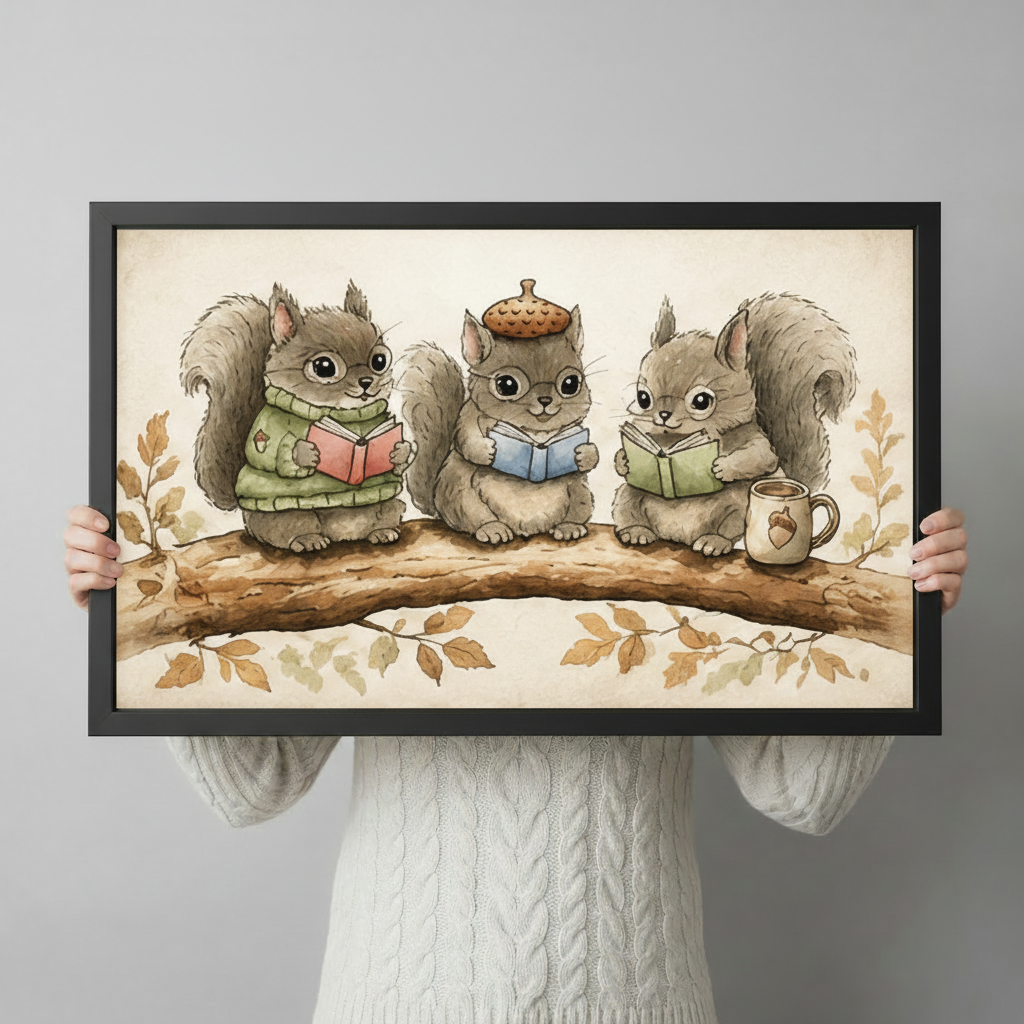 Reading Squirrels Cottagecore Canvas Wall Art