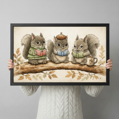 Reading Squirrels Cottagecore Canvas Wall Art