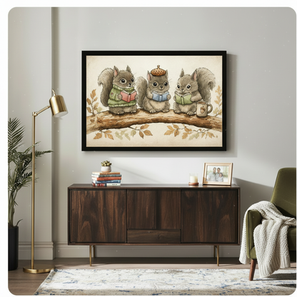 Reading Squirrels Cottagecore Canvas Wall Art
