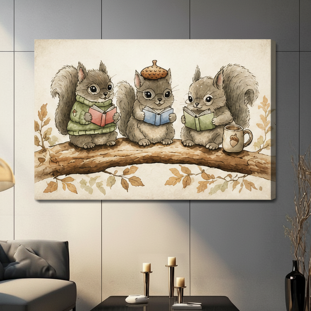 Reading Squirrels Cottagecore Canvas Wall Art