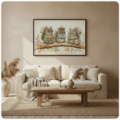 Reading Squirrels Cottagecore Canvas Wall Art
