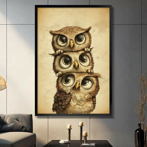 Cute Stacked Owls Vintage Canvas Wall Art