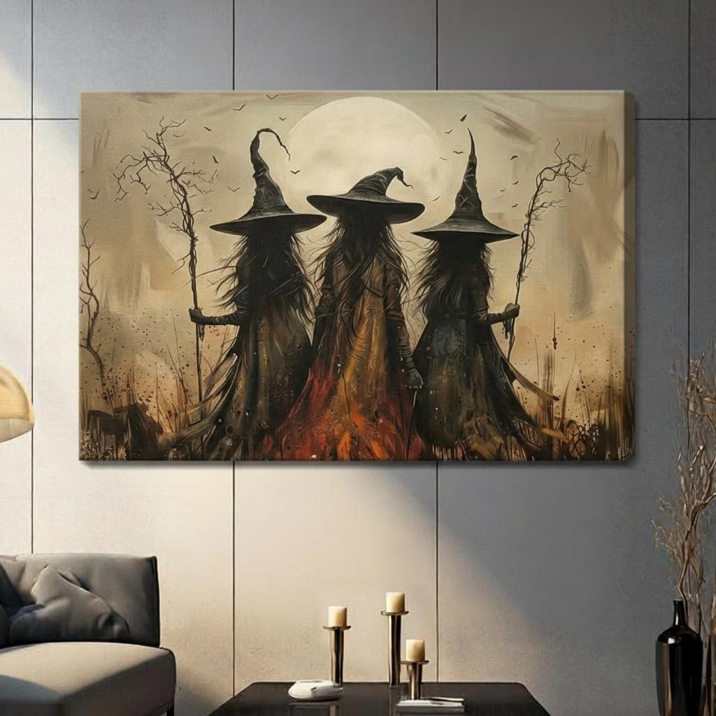 Three Witches Moonlit Bonfire Canvas Art Wall Art