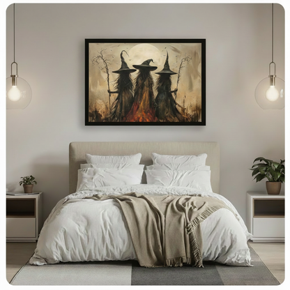 Three Witches Moonlit Bonfire Canvas Art Wall Art