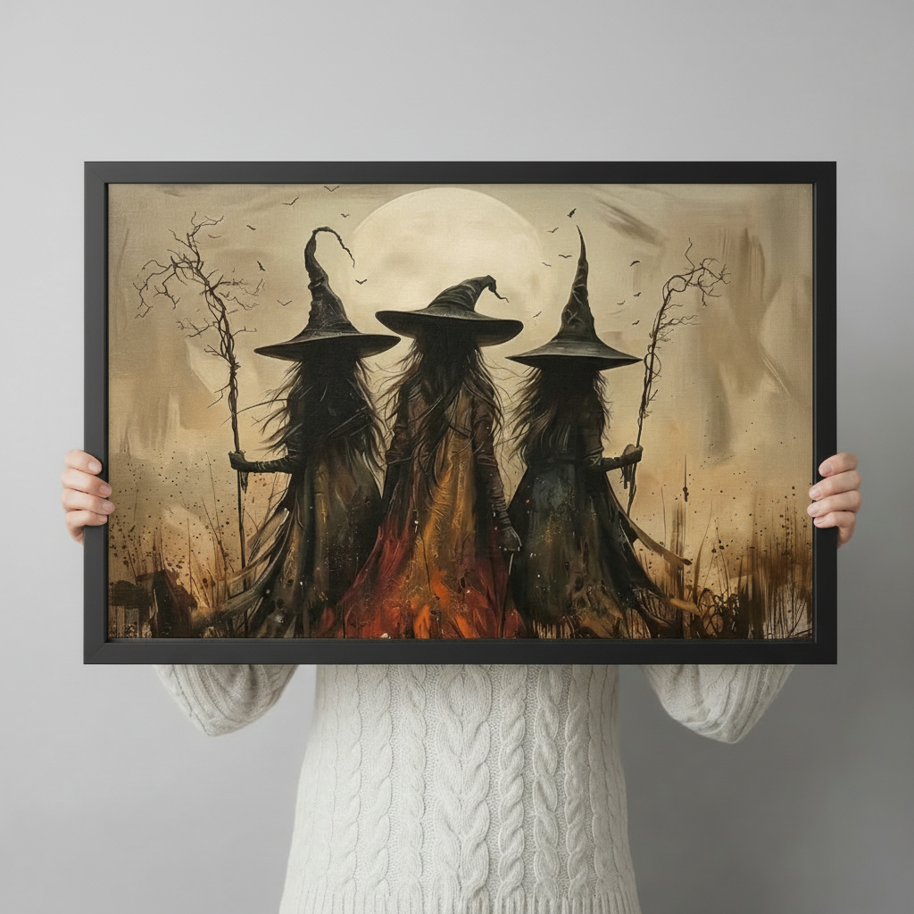 Three Witches Moonlit Bonfire Canvas Art Wall Art