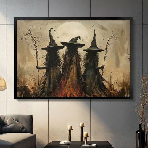 Three Witches Moonlit Bonfire Canvas Art Wall Art