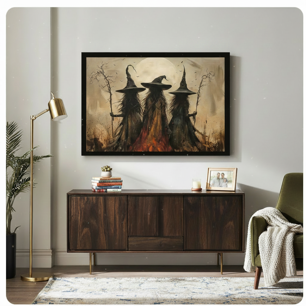 Three Witches Moonlit Bonfire Canvas Art Wall Art