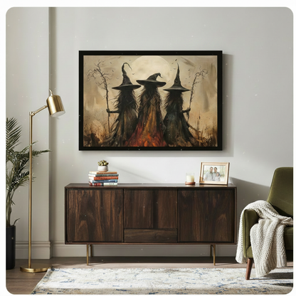 Three Witches Moonlit Bonfire Canvas Art Wall Art