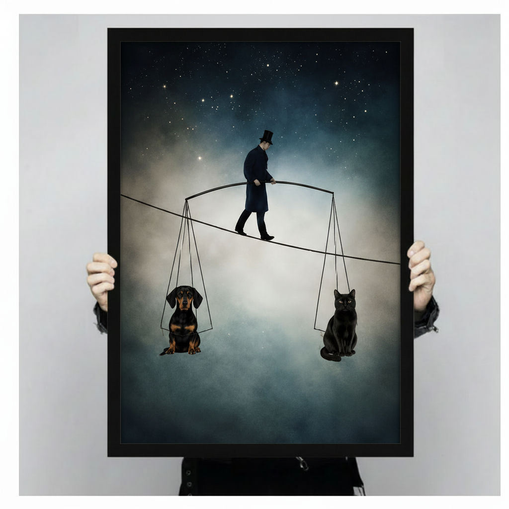 Surreal Tightrope Dog Cat Balance Canvas Wall Art
