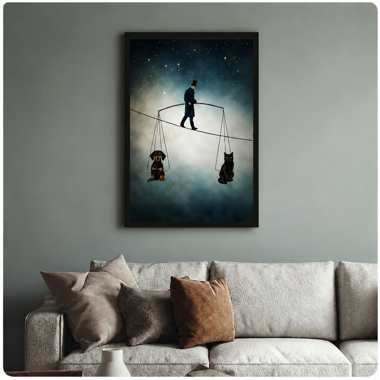 Surreal Tightrope Dog Cat Balance Canvas Wall Art