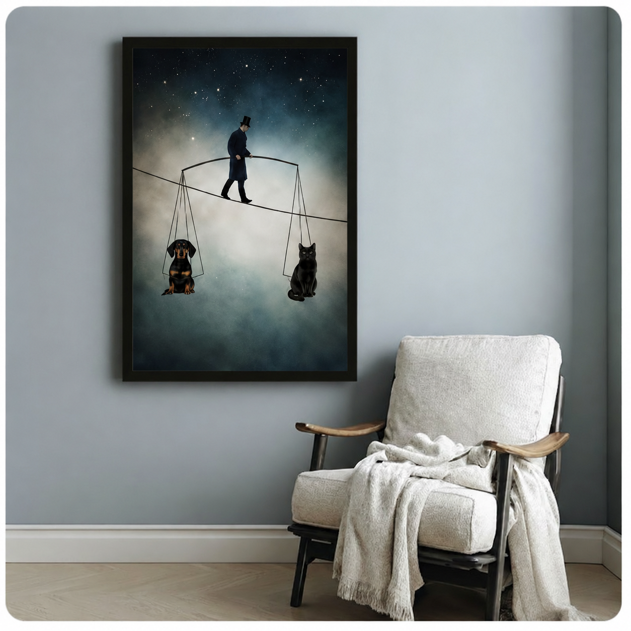 Surreal Tightrope Dog Cat Balance Canvas Wall Art