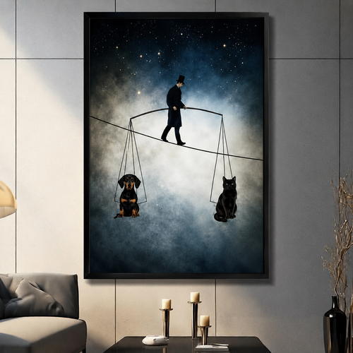 Surreal Tightrope Dog Cat Balance Canvas Wall Art