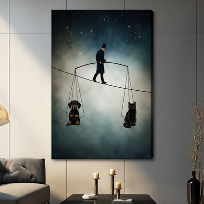 Surreal Tightrope Dog Cat Balance Canvas Wall Art