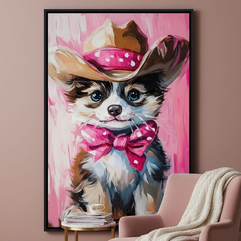 Cute Cowboy Puppy Pink Bow Charm Canvas Wall Art