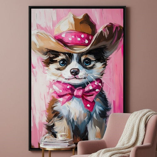 Cute Cowboy Puppy Pink Bow Charm Canvas Wall Art