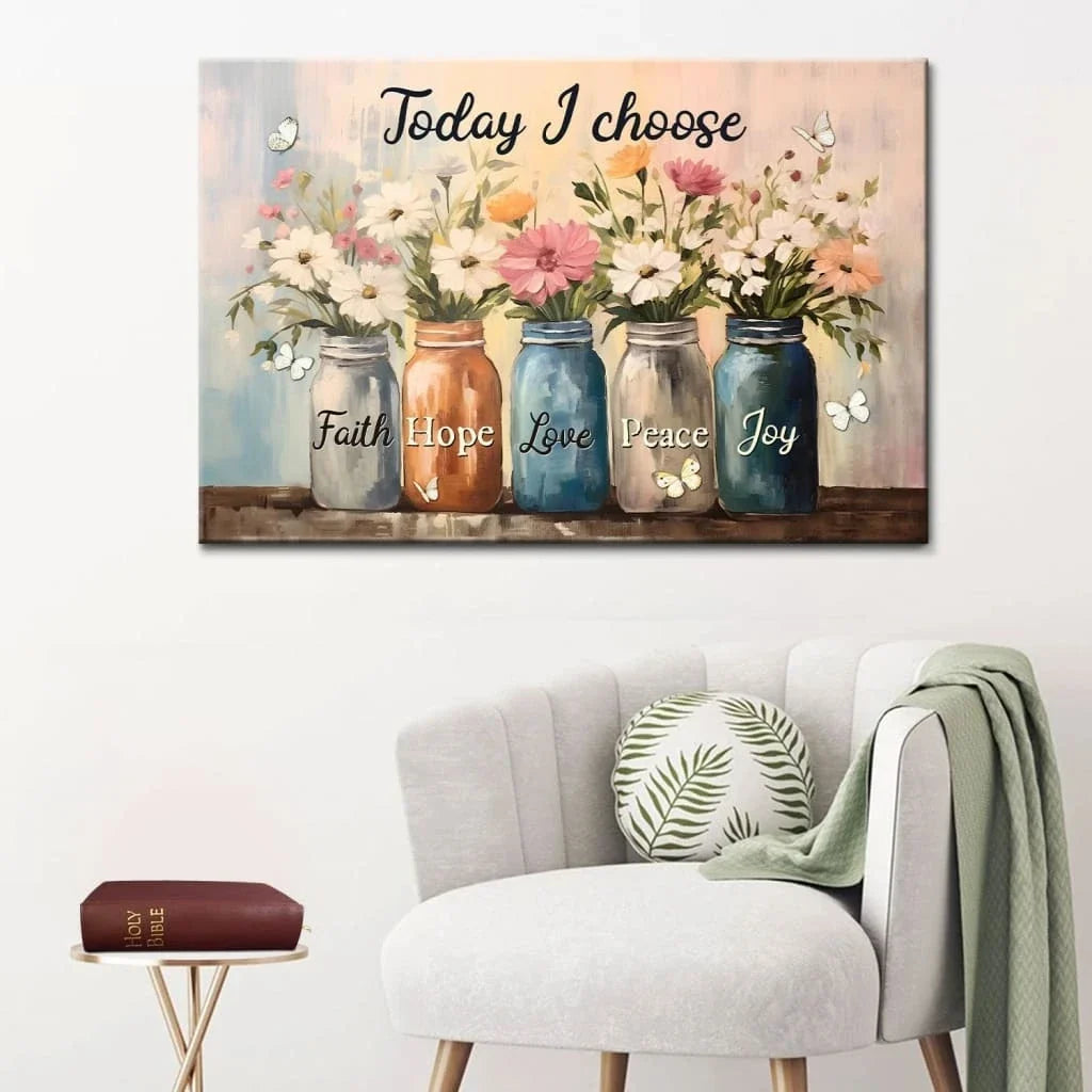 today i choose faith hope love peace joy mason jar flowers wall art canvas (Landscape) (view 2)