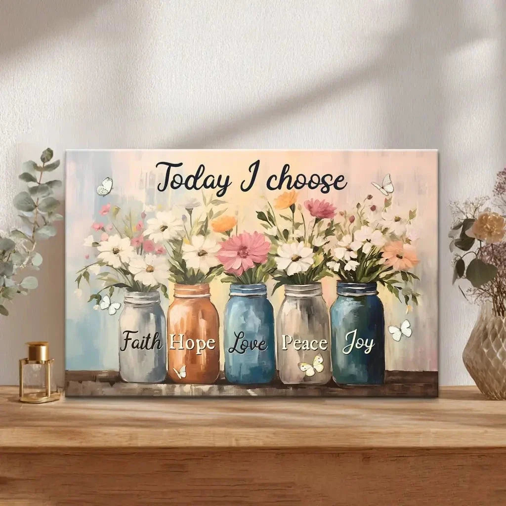 today i choose faith hope love peace joy mason jar flowers wall art canvas (Landscape) (view 3)