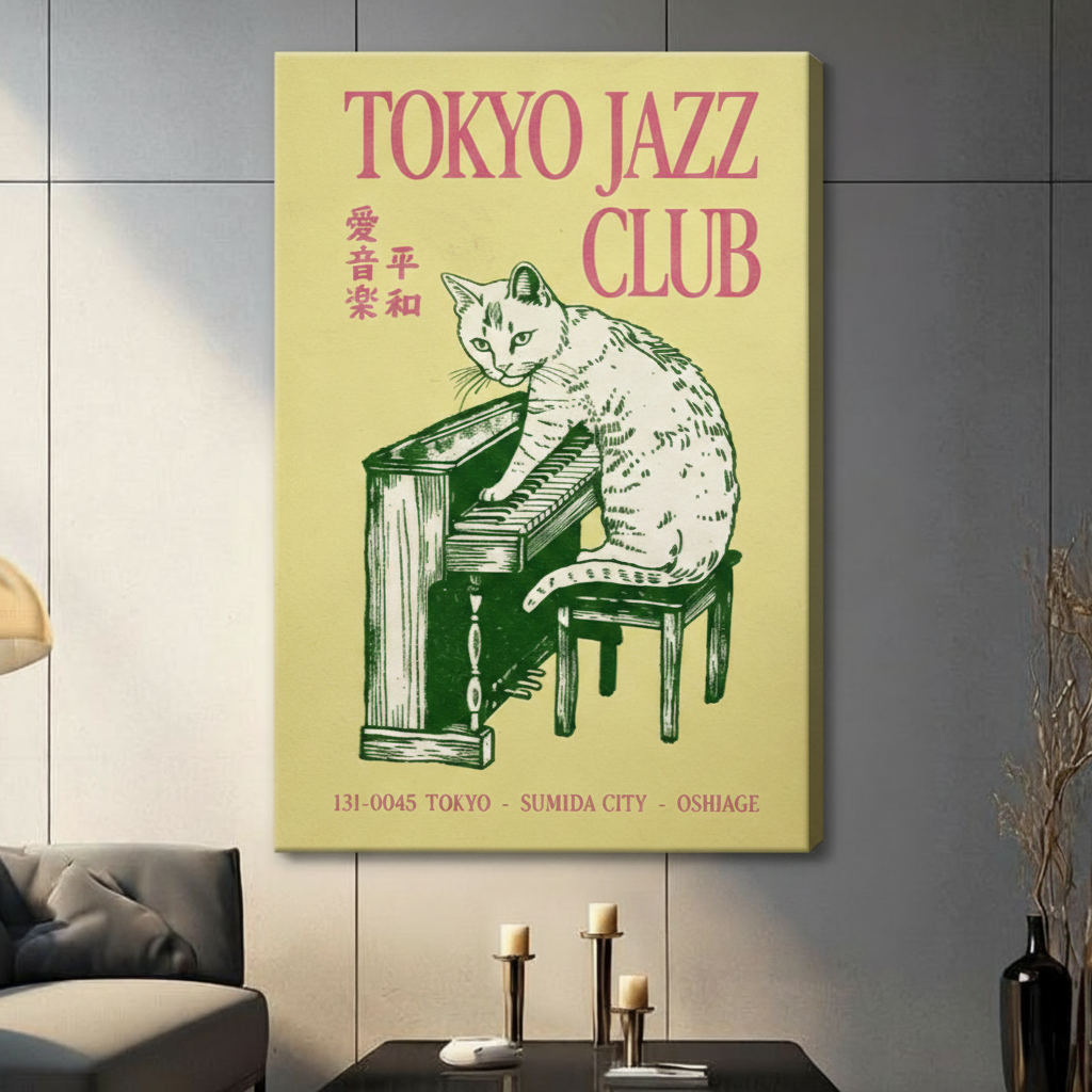 Tokyo Jazz Club Cat Piano Retro Canvas Art Wall Art