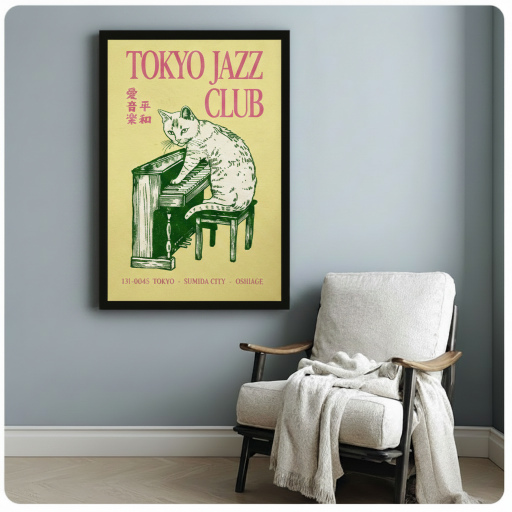 Tokyo Jazz Club Cat Piano Retro Canvas Art Wall Art