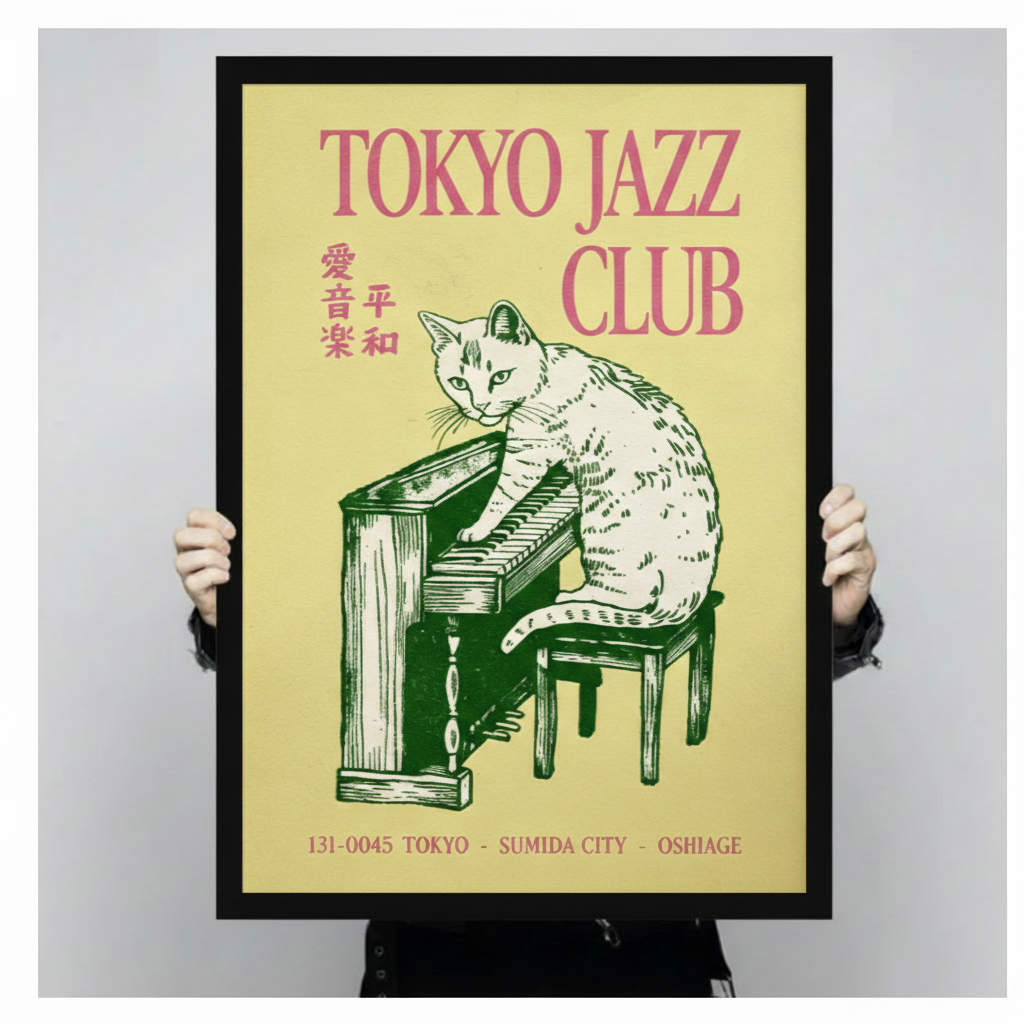 Tokyo Jazz Club Cat Piano Retro Canvas Art Wall Art