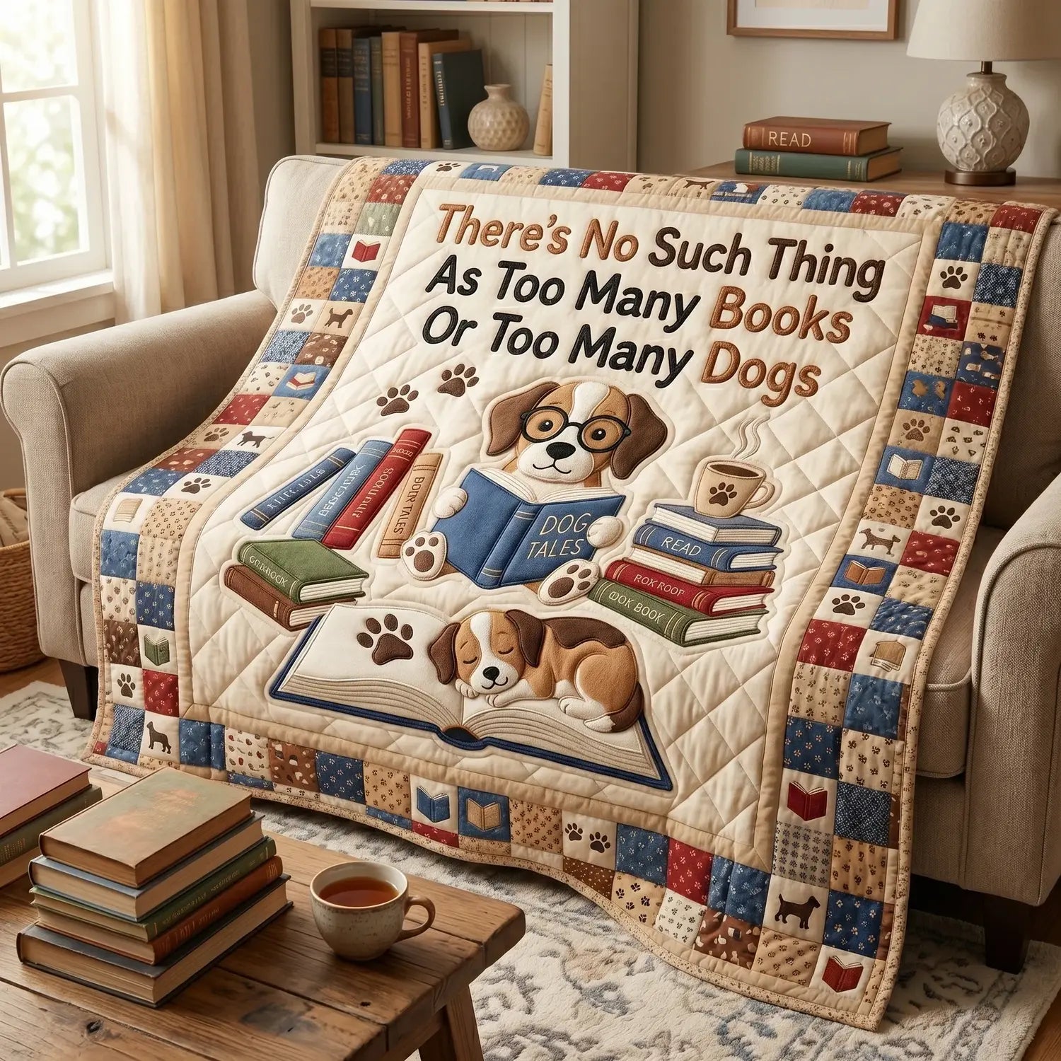 Too Many Books Of Too Many Dogs Quilt Blanket