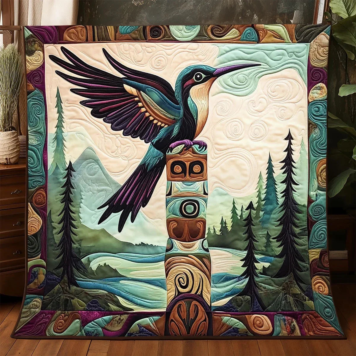 Tribal Hummingbird Totem Quilt Blanket