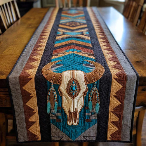 Tribal Turquoise Buffalo Skull Quilted Table Runner