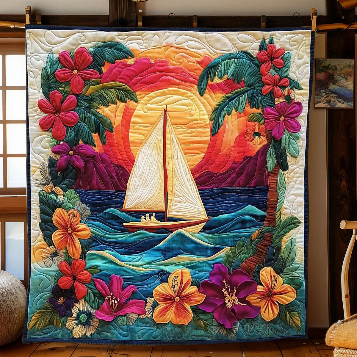 Tropical Sunset Sailboat Quilt Blanket