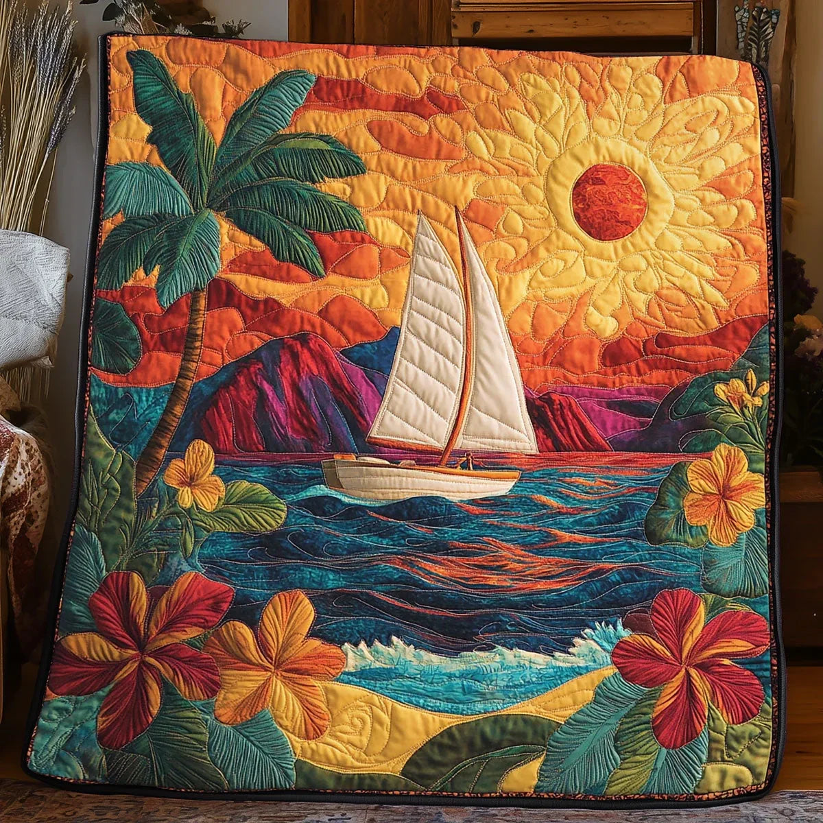 Tropical Sunset Sailboat Quilt Blanket