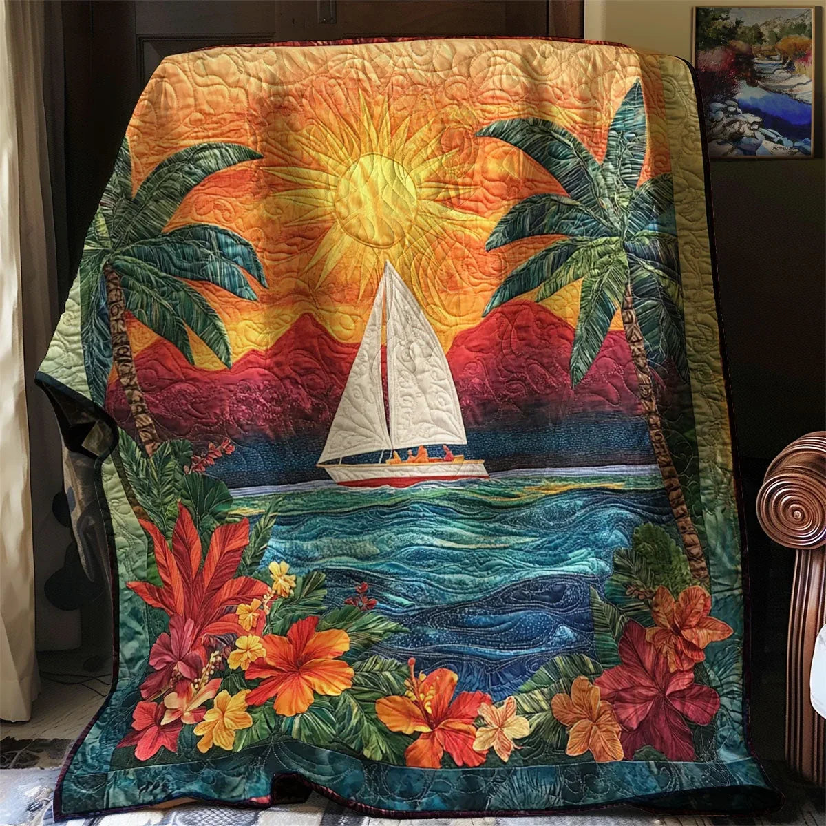 Tropical Sunset Sailboat Quilt Blanket