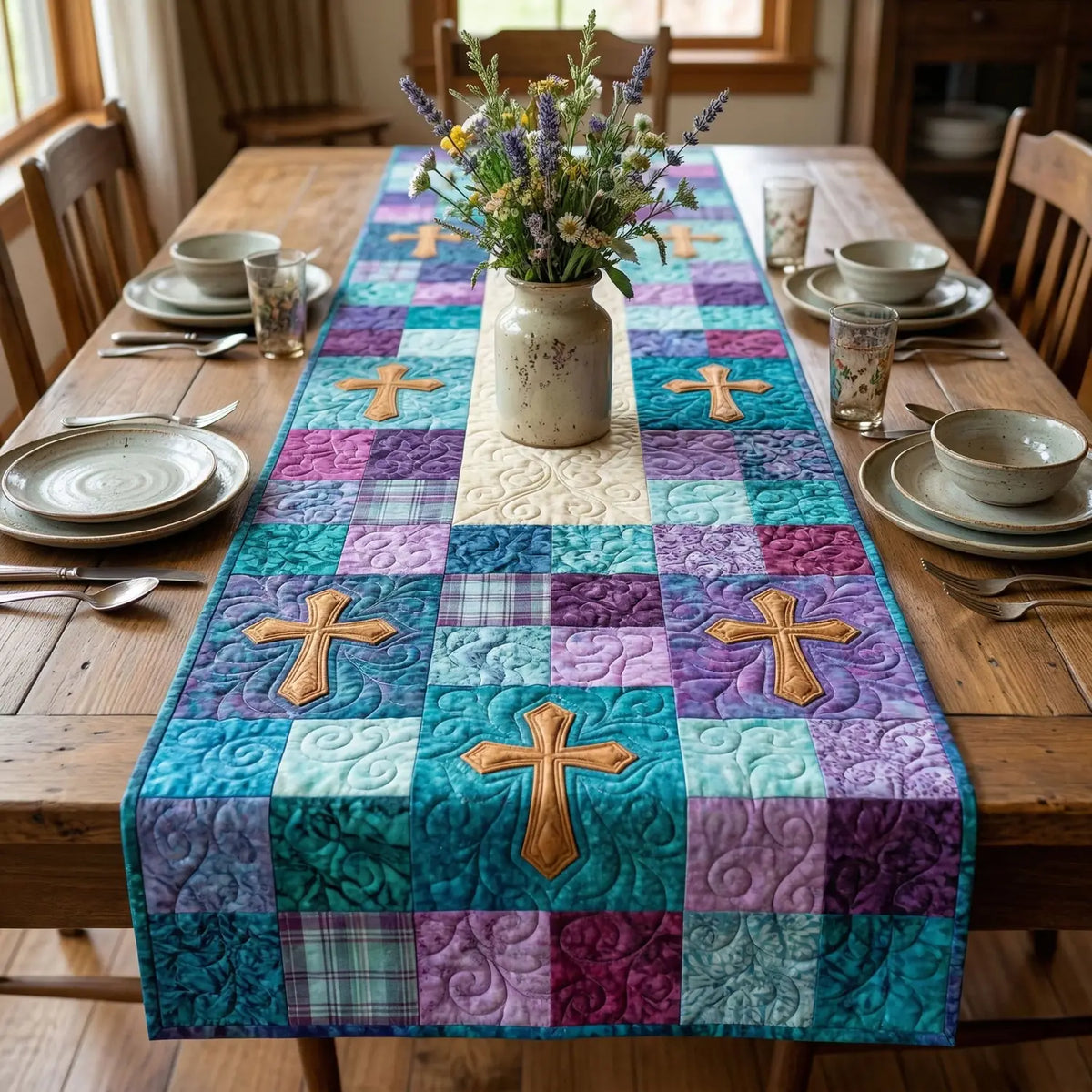 Turquoise Cross Quilted Table Runner