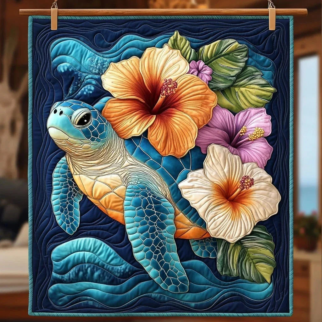 Turtle And Hibiscus Quilt Blanket