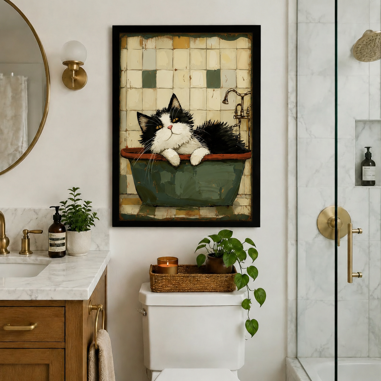Vintage Cat in Bathtub Whimsical Canvas Art Wall Art