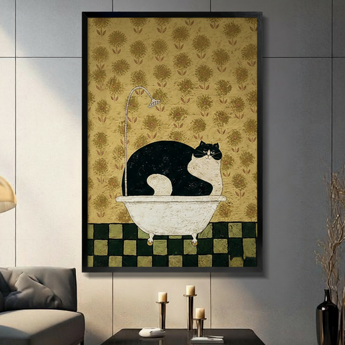 Vintage Folk Art Cat Bathtub Canvas Wall Art