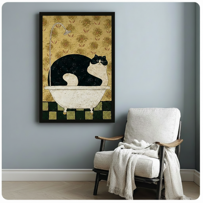 Vintage Folk Art Cat Bathtub Canvas Wall Art