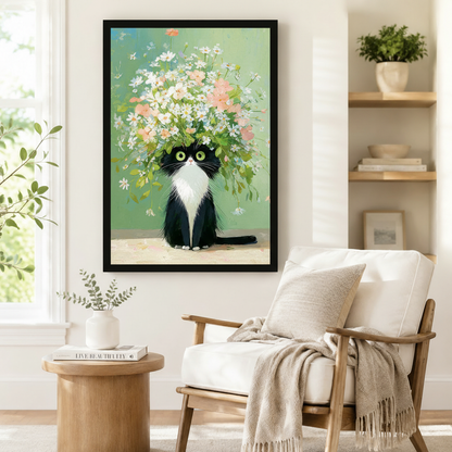 Floral Tuxedo Cat Whimsical Canvas Wall Art