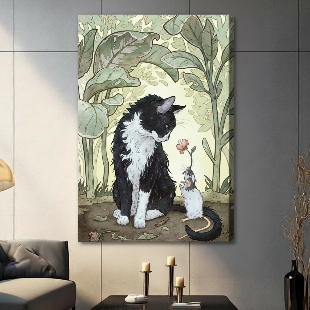 Cat Mouse Flower Art Nouveau Botanical Canvas Art