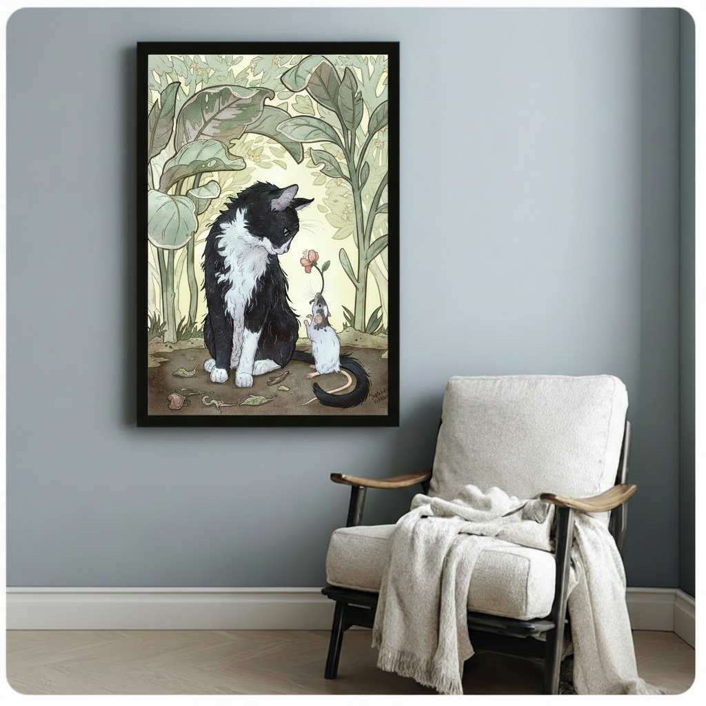 Cat Mouse Flower Art Nouveau Botanical Canvas Art