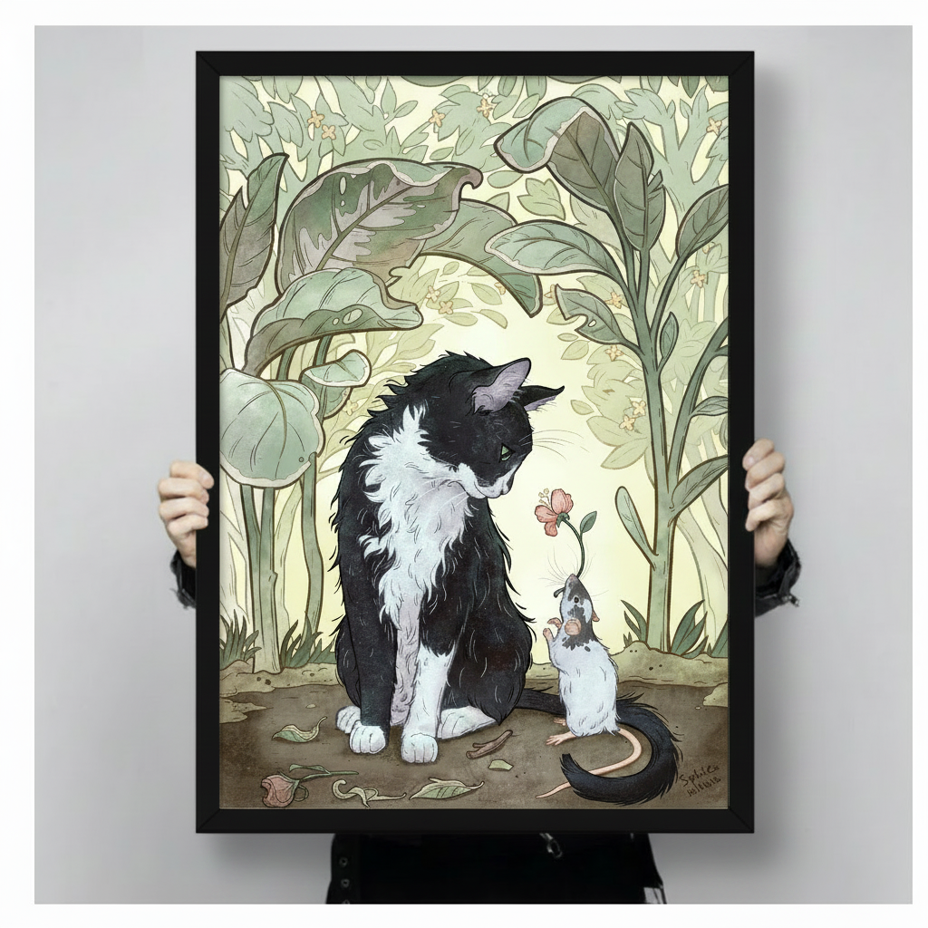 Cat Mouse Flower Art Nouveau Botanical Canvas Art