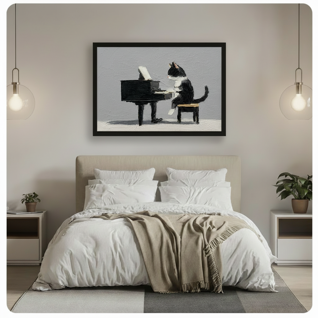 Tuxedo Cat Playing Piano Oil Painting Print Canvas Wall Art