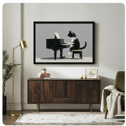 Tuxedo Cat Playing Piano Oil Painting Print Canvas Wall Art