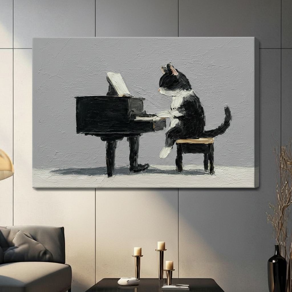 Tuxedo Cat Playing Piano Oil Painting Print Canvas Wall Art