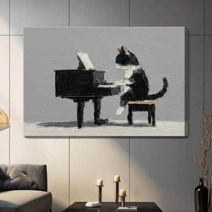 Tuxedo Cat Playing Piano Oil Painting Print Canvas Wall Art