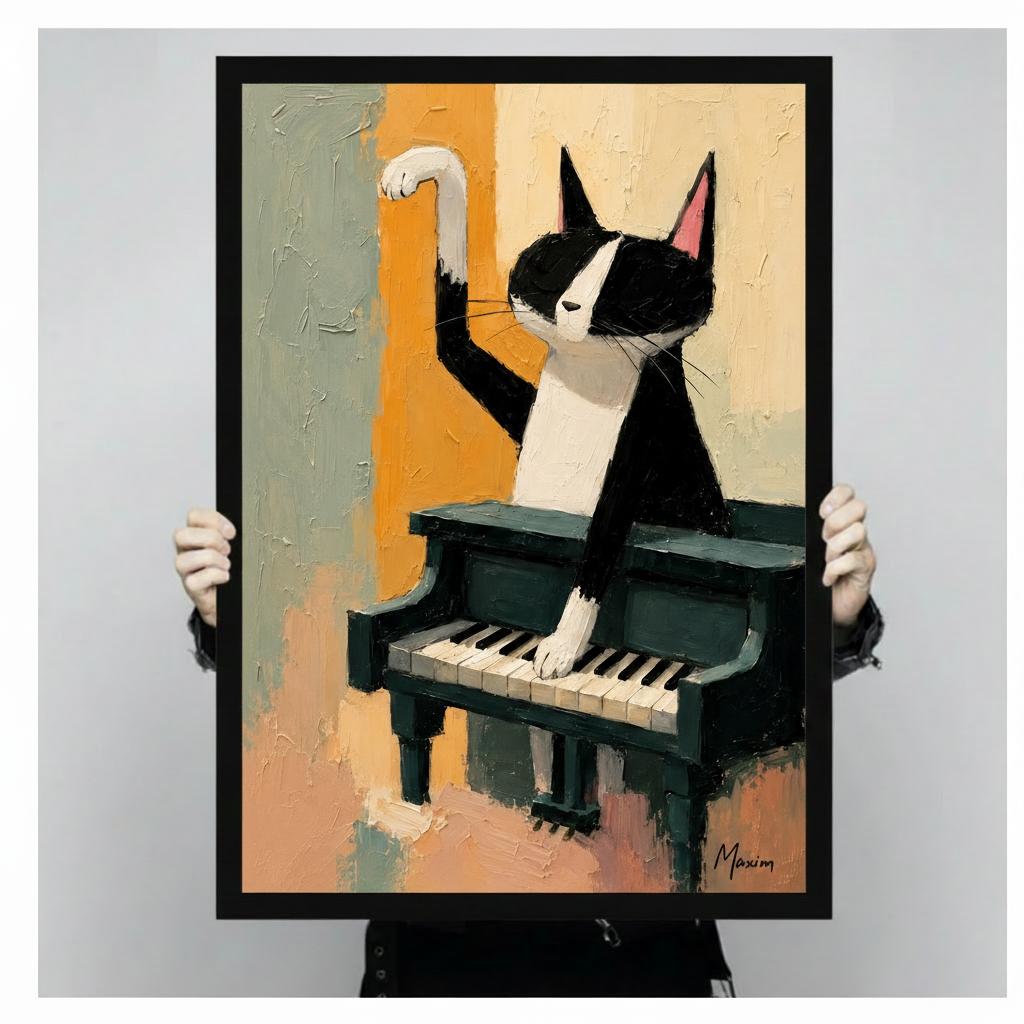 Tuxedo Cat Playing Piano Canvas Wall Art