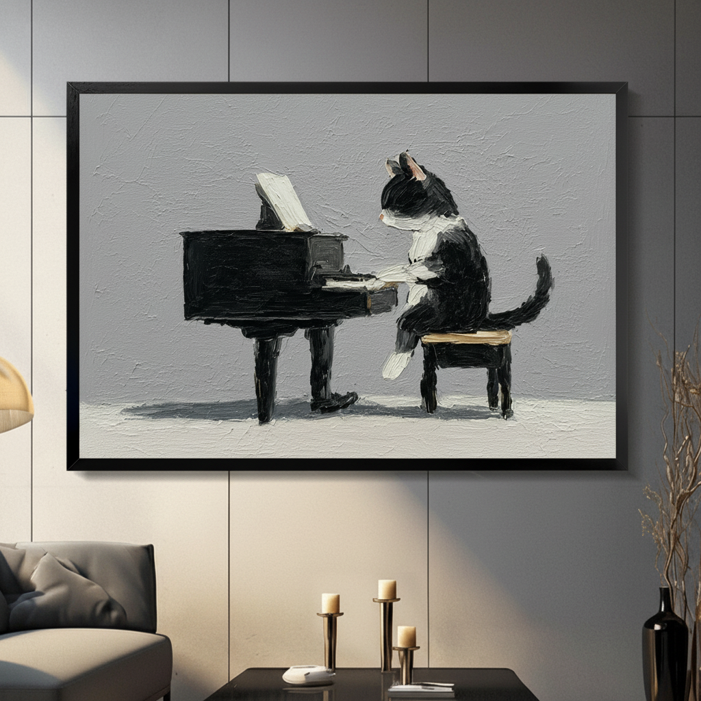 Tuxedo Cat Playing Piano Oil Painting Print Canvas Wall Art