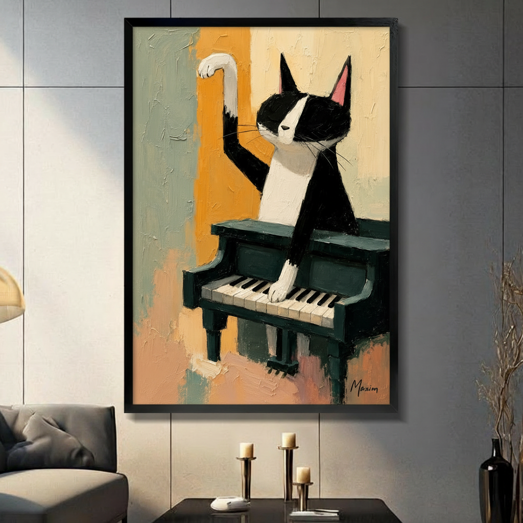 Tuxedo Cat Playing Piano Canvas Wall Art