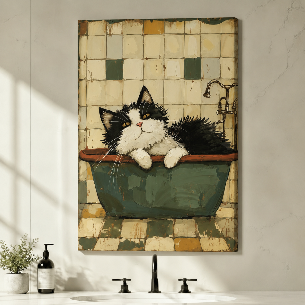 Vintage Cat in Bathtub Whimsical Canvas Art Wall Art