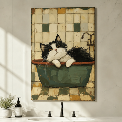 Vintage Cat in Bathtub Whimsical Canvas Art Wall Art