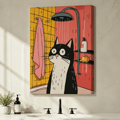 Pop Art Cat Shower Framed Canvas Wall Art